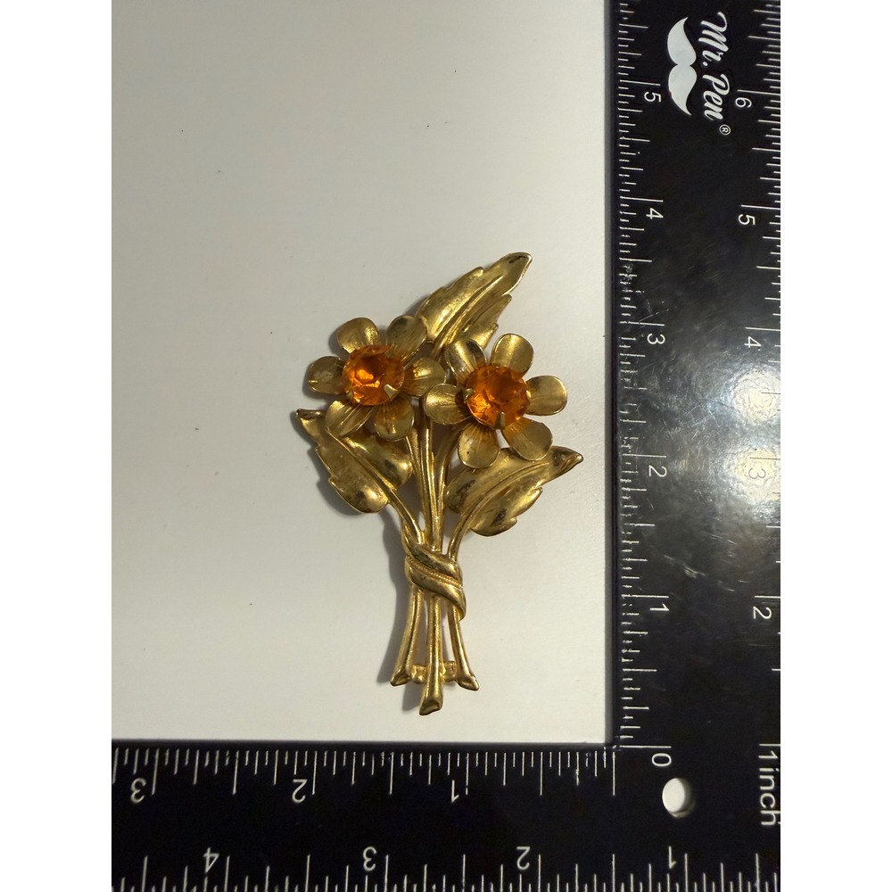 Vintage‎ Gold Tone Amber Rhinestone Flower Bouquet Brooch Pin Mid Century Style